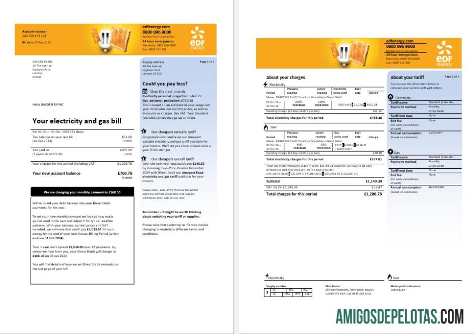 Para baixar modelo de conta de serviços públicos EDF do Reino Unido em formatos Word e PDF, 3 páginas